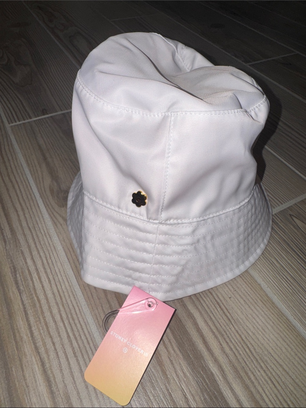 Stoney Clover White Bucket Hat with Gold Flower Accent